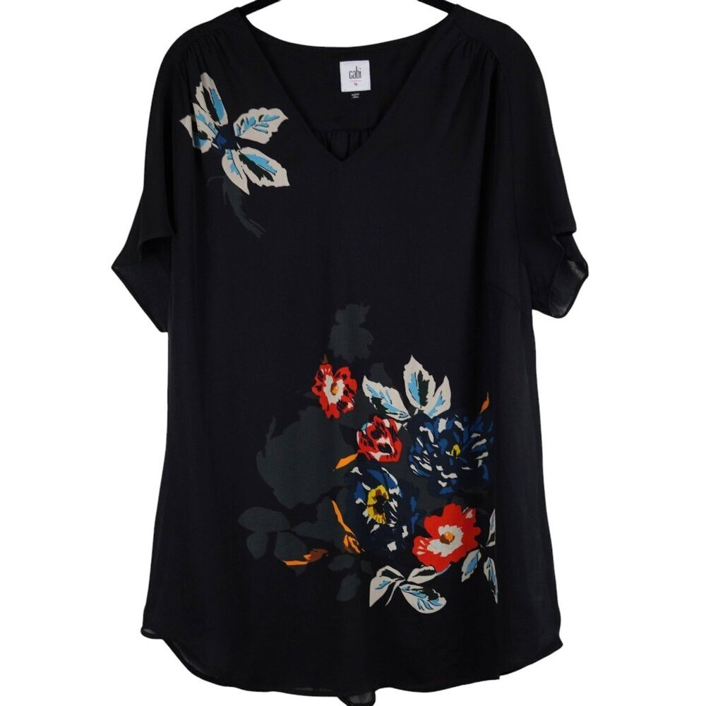 Cabi Blouse Womens Black Large Floral Sheer Short‎ Sleeve